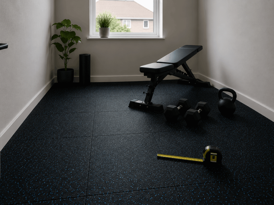 Small box room home gym with 20mm blue-speckled rubber gym mats, adjustable bench, dumbbells, kettlebell and natural light.
