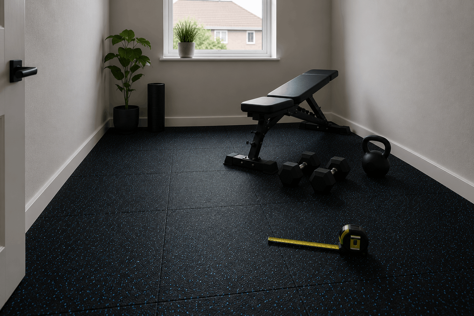 Small box room home gym with 20mm blue-speckled rubber gym mats, adjustable bench, dumbbells, kettlebell and natural light.