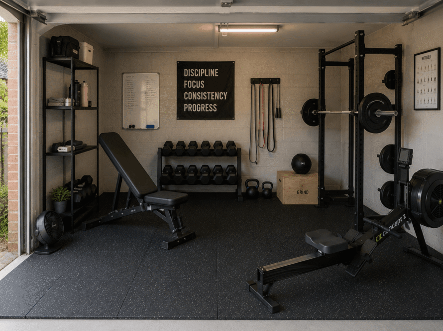 Simple spare room home gym with rubber gym flooring, adjustable bench, dumbbells and resistance bands.