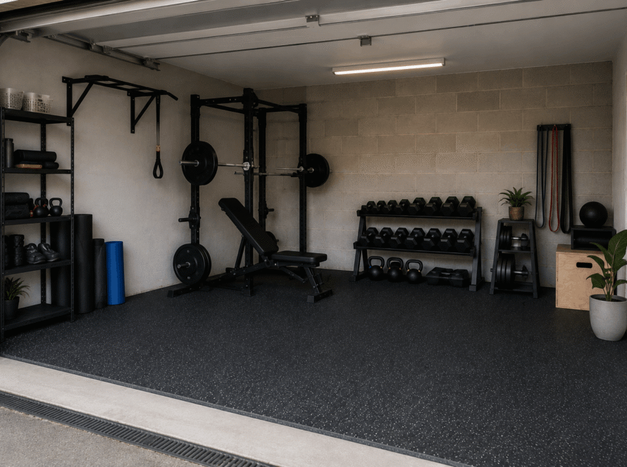 Small garage home gym with rubber gym flooring, adjustable bench and free weights