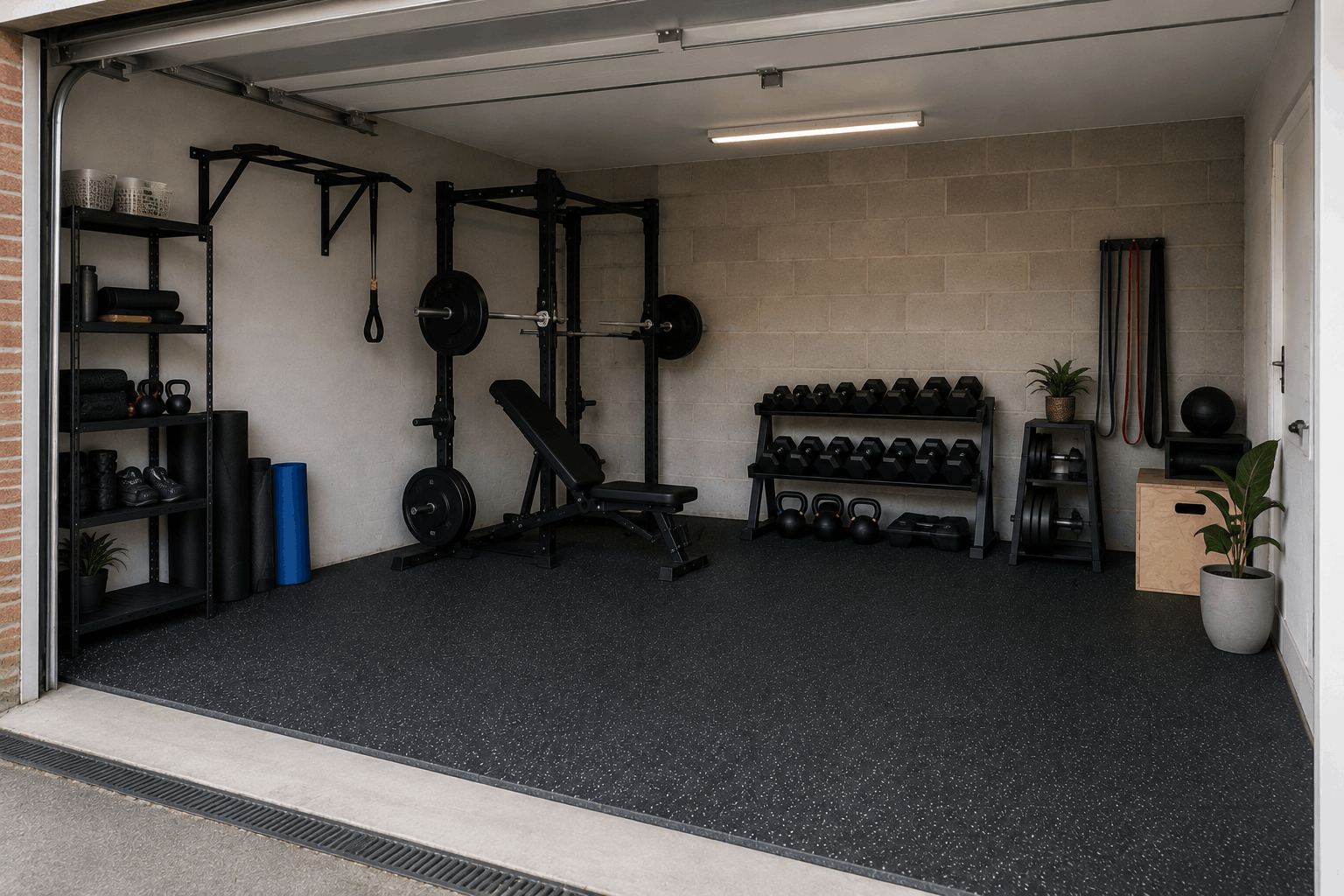 Small garage home gym with rubber gym flooring, adjustable bench and free weights