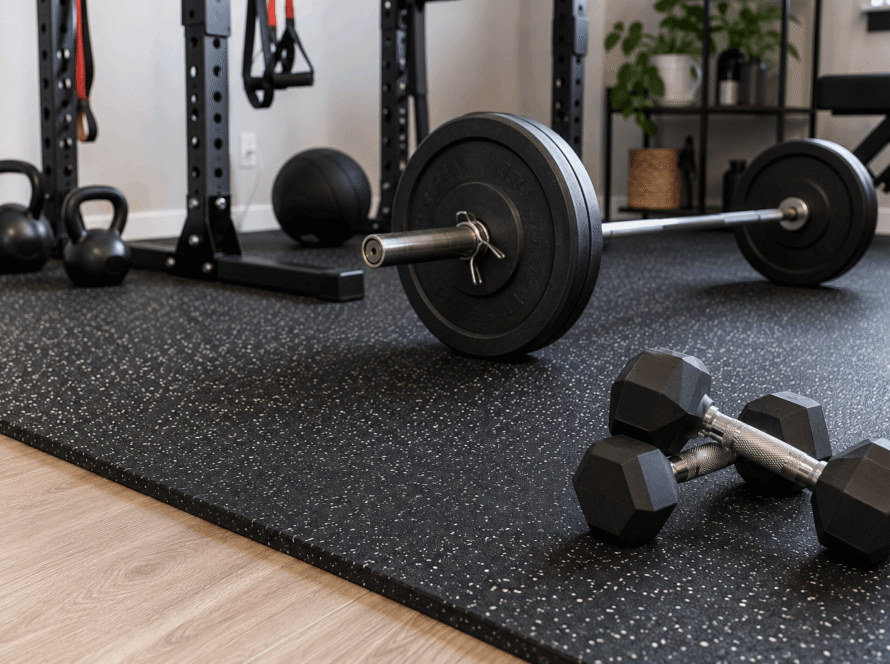 20mm rubber gym mats protecting a home gym floor beneath barbells and dumbbells.