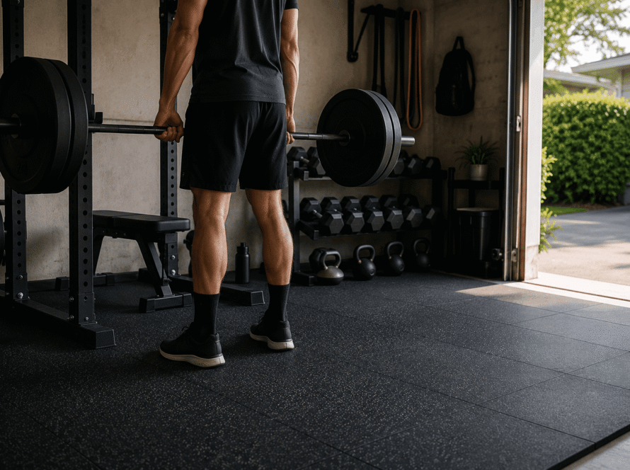 Man working out in a dedicated home garage gym
