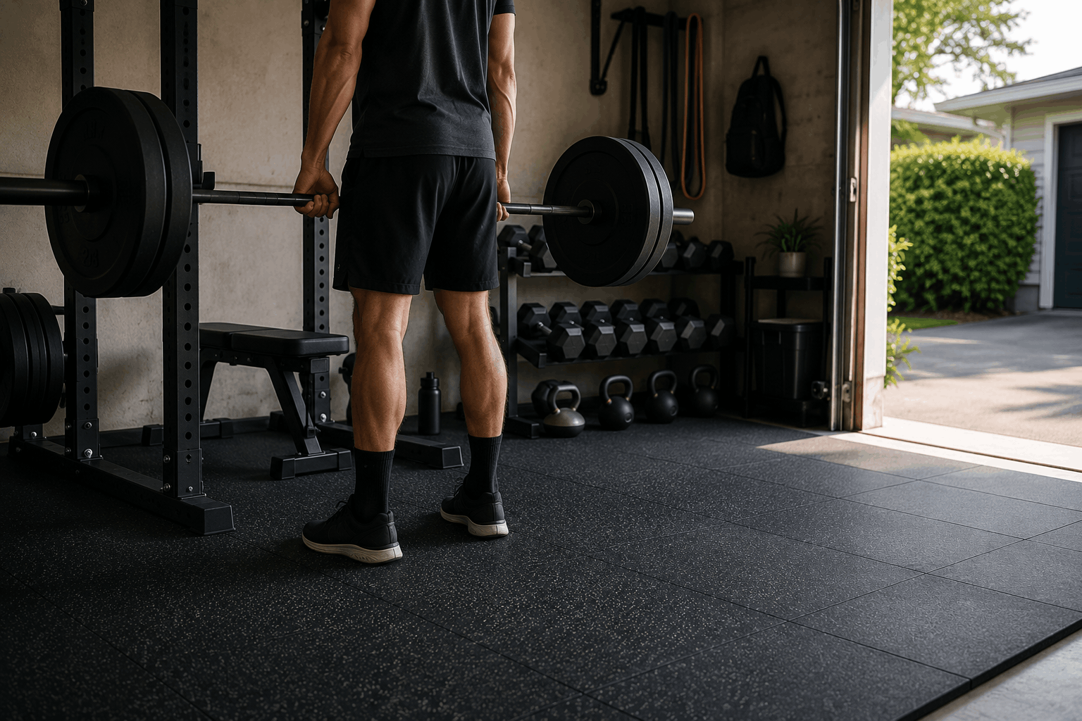 Man working out in a dedicated home garage gym