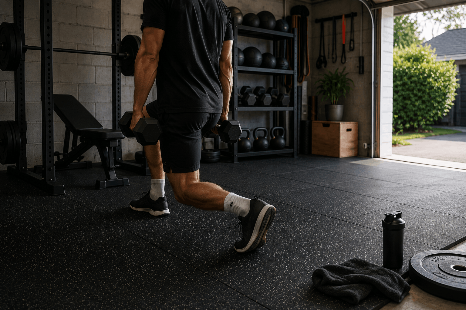 Man working out in a dedicated home garage gym with rubber flooring